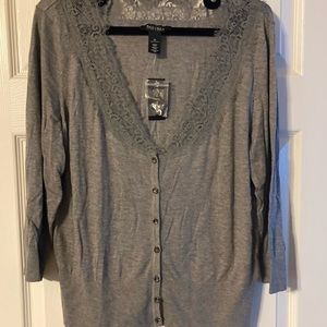 NWT White House Black Market grey 3/4 sleeve button down cardigan, lace collar
